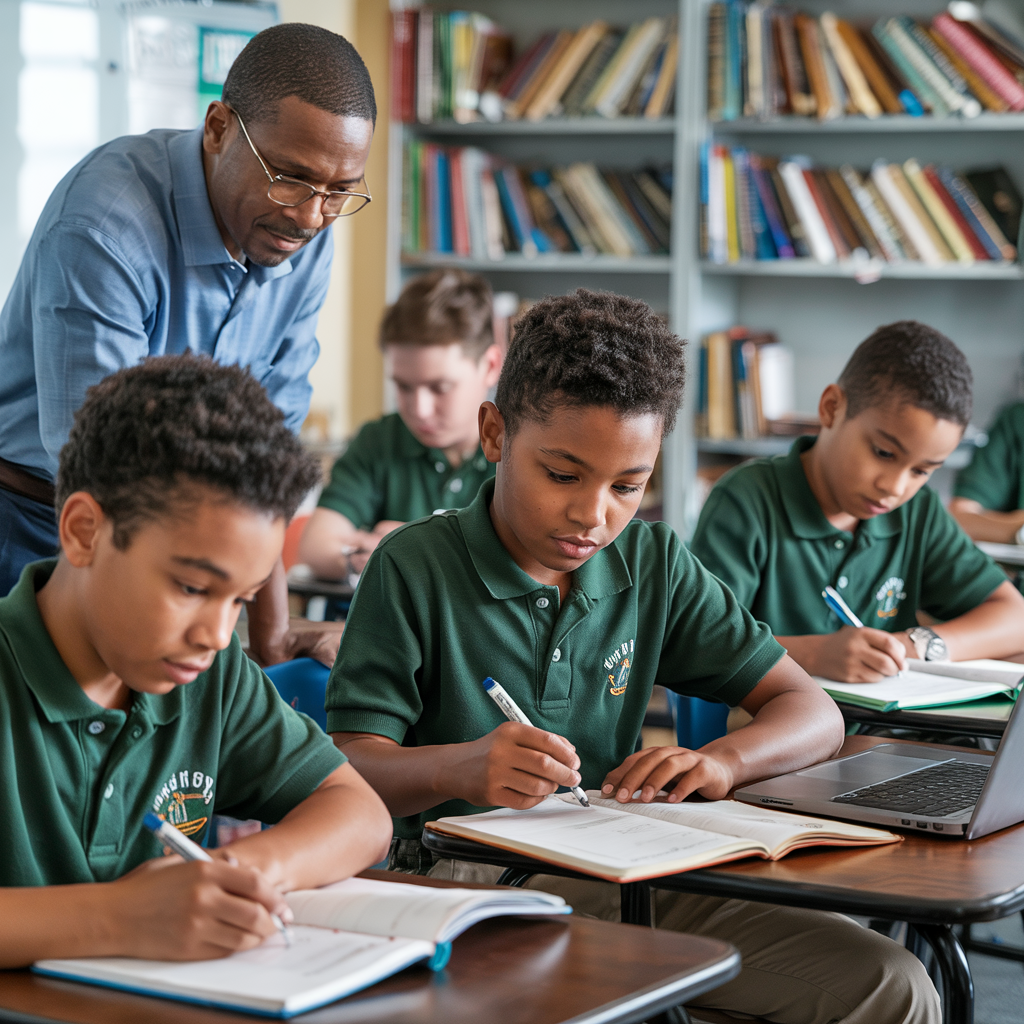 Teacher guiding students in classroom learning at Joshua Academy