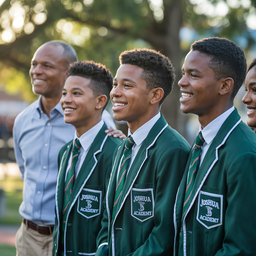 Students with mentor showcasing faith and character at Joshua Academy